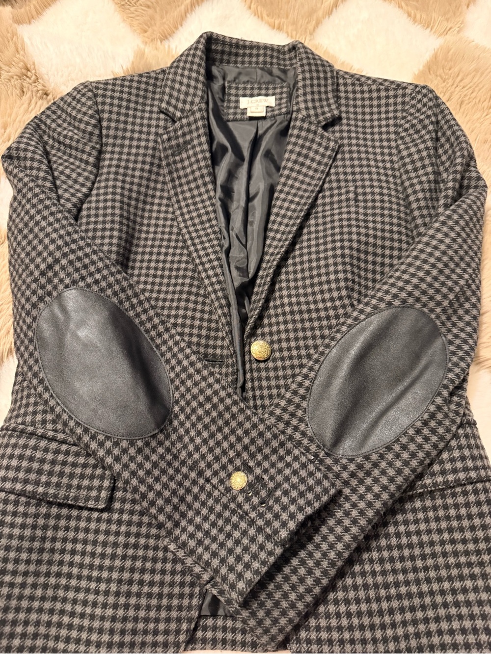 J. Crew Black and Gray Houndstooth Blazer with Faux-Leather Elbow Patches